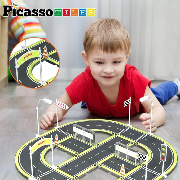 imagePicassoTiles Magnet Tile Car Track Adventure Theme Printed Street Road Runway Speedway Highway Magnetic Building Tiles Block Construction Pretend Play Playset STEM Education Learning Kit Kids 3 PTE16Road w Sign