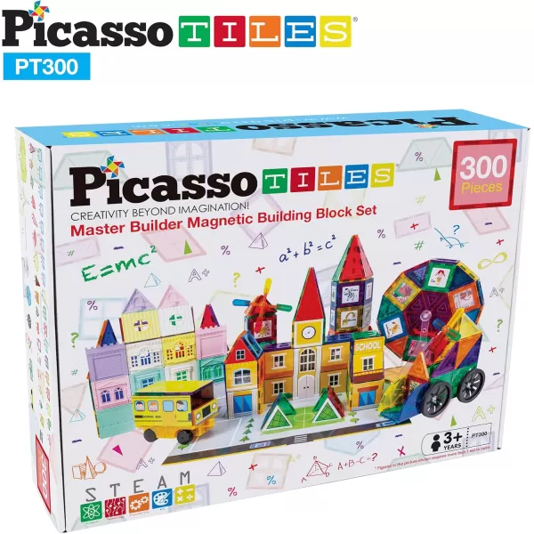 imagePicassoTiles Master Builder Magnetic Early Educational Toy Building Block Kit with 3 in 1 Playboard for KidBaby Ages 3 and Up STEM Construction with School Bus Hospital Police Station 300 PiecePT300