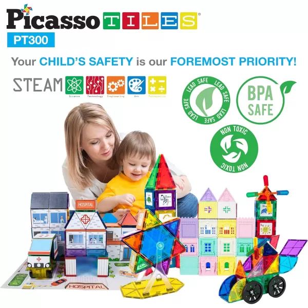 imagePicassoTiles Master Builder Magnetic Early Educational Toy Building Block Kit with 3 in 1 Playboard for KidBaby Ages 3 and Up STEM Construction with School Bus Hospital Police Station 300 PiecePT300