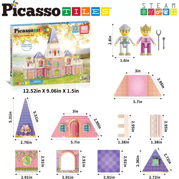 imagePicassoTiles Princess Castle Theme Magnet Tile Building Blocks 2 Action Figures Magnetic Construction Toy Double Sided Printing Education STEM Learning Playset Fantasy Adventure Boy Girl Age 3 PTQ04