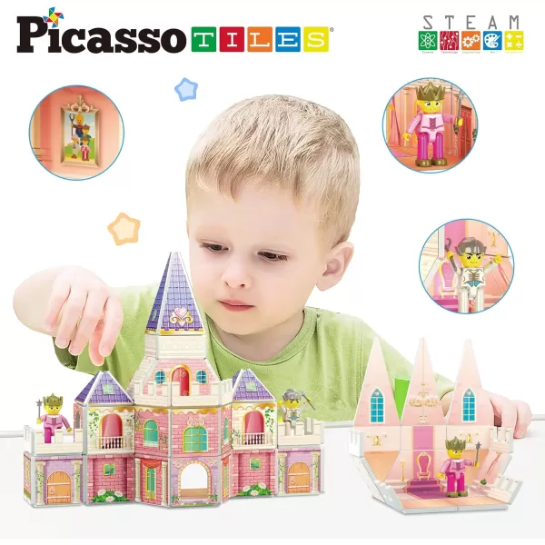 imagePicassoTiles Princess Castle Theme Magnet Tile Building Blocks 2 Action Figures Magnetic Construction Toy Double Sided Printing Education STEM Learning Playset Fantasy Adventure Boy Girl Age 3 PTQ04