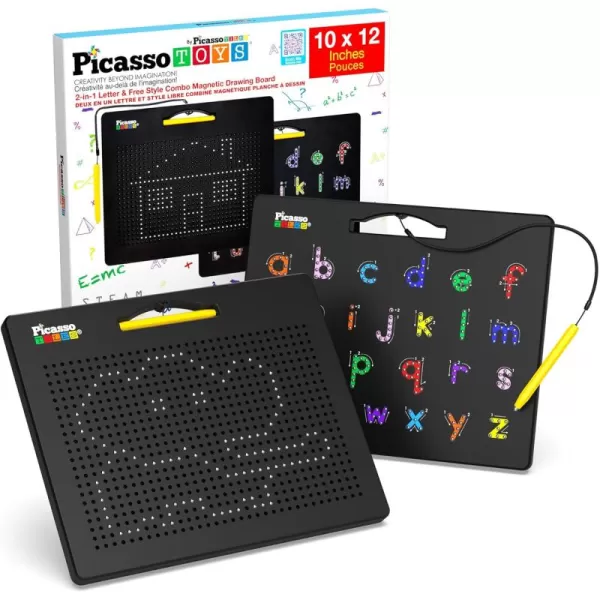 imagePicassoTiles 2in1 Magnetic Drawing Board Toy 12x10 inch Large Magnet Bead Tablet Pad with 2 Facings Alphabets STEM Educational Erasable ampamp Reusable Learning Writing Playboard in Black PTB03AlphabetFree