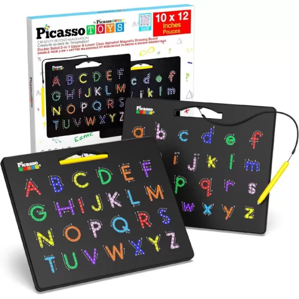 imagePicassoTiles 2in1 Magnetic Drawing Board Toy 12x10 inch Large Magnet Bead Tablet Pad with 2 Facings Alphabets STEM Educational Erasable ampamp Reusable Learning Writing Playboard in Black PTB03DualAlphabet