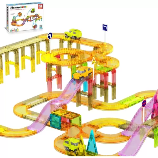 imagePicassoTiles 60pc Race Car Track Magnetic Tiles Travel Toy Sensory Magnet Tile Toys for Toddlers STEM Educational Learning Preschool Play Construction Stacking Blocks Kids Boys Girls Ages 3 PTMR6060pc Race Car Track Magnetic Tiles