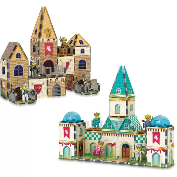 imagePicassoTiles 70pc Middle Age Medieval and Castle Theme Tile 2in1 8 Character Action Figures Magnet Tiles Building Block Pretend Magnetic Play Fine Motor Skill STEM Educational Construction Age3 PTQ01