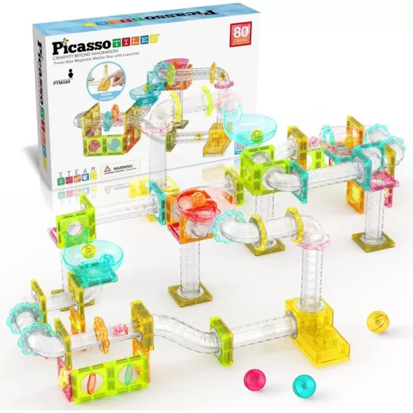 imagePicassoTiles Magnet Tile Building Block 80pc Marble Run Race Track Travel Size Pretend Play Toy With Launcher Lifter STEM Education Learning Magnetic Tiles Construction Kit School Boys Girls 3 PTMG8080pc