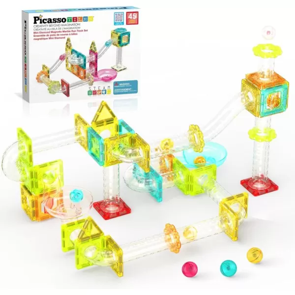 imagePicassoTiles Magnet Tile Building Block 80pc Marble Run Race Track Travel Size Pretend Play Toy With Launcher Lifter STEM Education Learning Magnetic Tiles Construction Kit School Boys Girls 3 PTMG8045pc