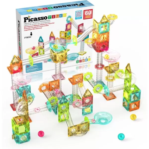 imagePicassoTiles Magnet Tile Building Block 80pc Marble Run Race Track Travel Size Pretend Play Toy With Launcher Lifter STEM Education Learning Magnetic Tiles Construction Kit School Boys Girls 3 PTMG8060pc