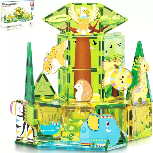 imagePicassoTiles Magnet Tile Building Block Safari Themed Set with 8 Compatible Magnetized Animal Action Figures Build Blocks Toddler Creativity Toys STEAM Educational Learning Skills Ages 3 PTQ12Safari Theme