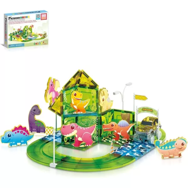 imagePicassoTiles Magnet Tile Car Track Adventure Theme Printed Street Road Runway Speedway Highway Magnetic Building Tiles Block Construction Pretend Play Playset STEM Education Learning Kit Kids 3 PTE1689pc Dinosaur