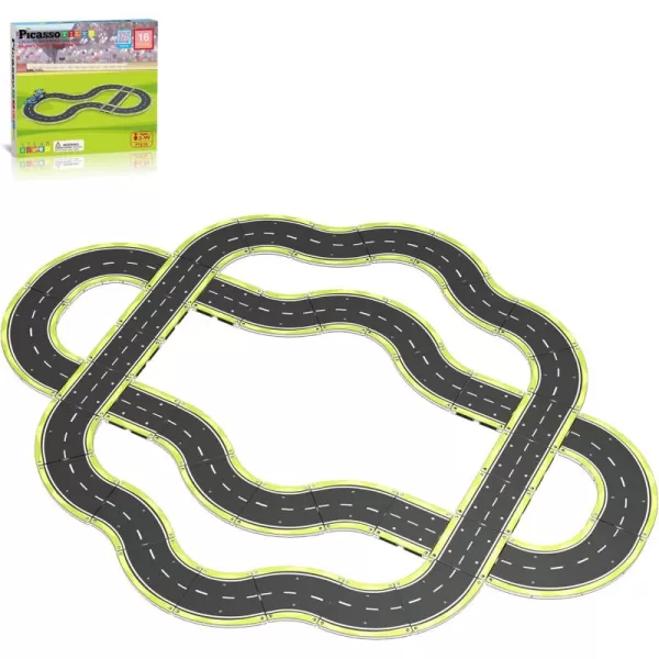 imagePicassoTiles Magnet Tile Car Track Adventure Theme Printed Street Road Runway Speedway Highway Magnetic Building Tiles Block Construction Pretend Play Playset STEM Education Learning Kit Kids 3 PTE16speedway