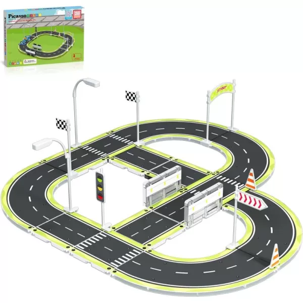 imagePicassoTiles Magnet Tile Car Track Adventure Theme Printed Street Road Runway Speedway Highway Magnetic Building Tiles Block Construction Pretend Play Playset STEM Education Learning Kit Kids 3 PTE16Road w Sign