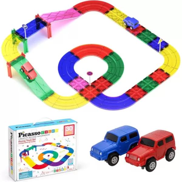 imagePicassoTiles Magnet Tile Car Track Adventure Theme Printed Street Road Runway Speedway Highway Magnetic Building Tiles Block Construction Pretend Play Playset STEM Education Learning Kit Kids 3 PTE1630PC Race Track
