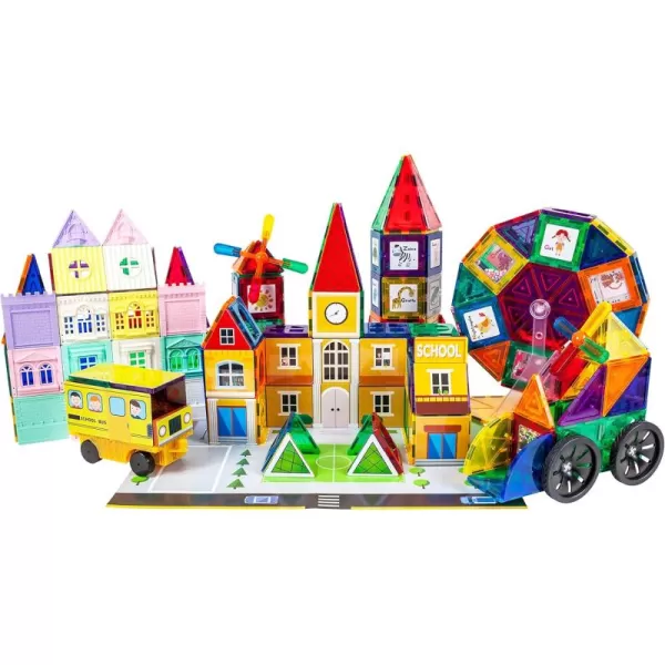 imagePicassoTiles Master Builder Magnetic Early Educational Toy Building Block Kit with 3 in 1 Playboard for KidBaby Ages 3 and Up STEM Construction with School Bus Hospital Police Station 300 PiecePT300