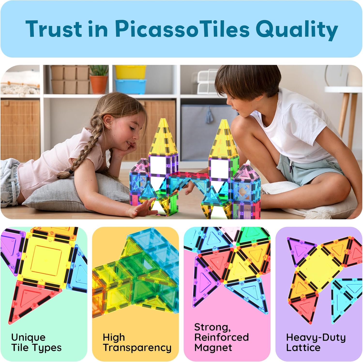 imagePicassoTiles 101pc Magnetic Tile Building Blocks with Car Base Drawstring Carry Toy Storage Bag Magnetized Block for Kids Magnet ToySet Educational STEM Learning Child Brain Development Ages 3 PC101152PC