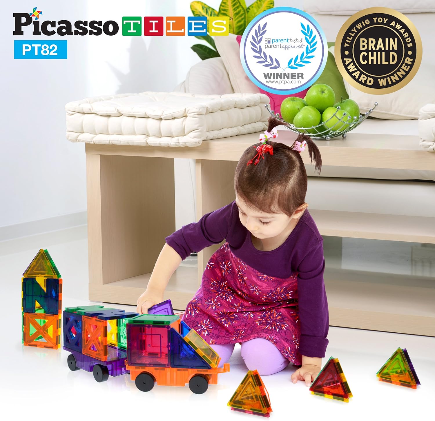 imagePicassoTiles 101pc Magnetic Tile Building Blocks with Car Base Drawstring Carry Toy Storage Bag Magnetized Block for Kids Magnet ToySet Educational STEM Learning Child Brain Development Ages 3 PC10182PC