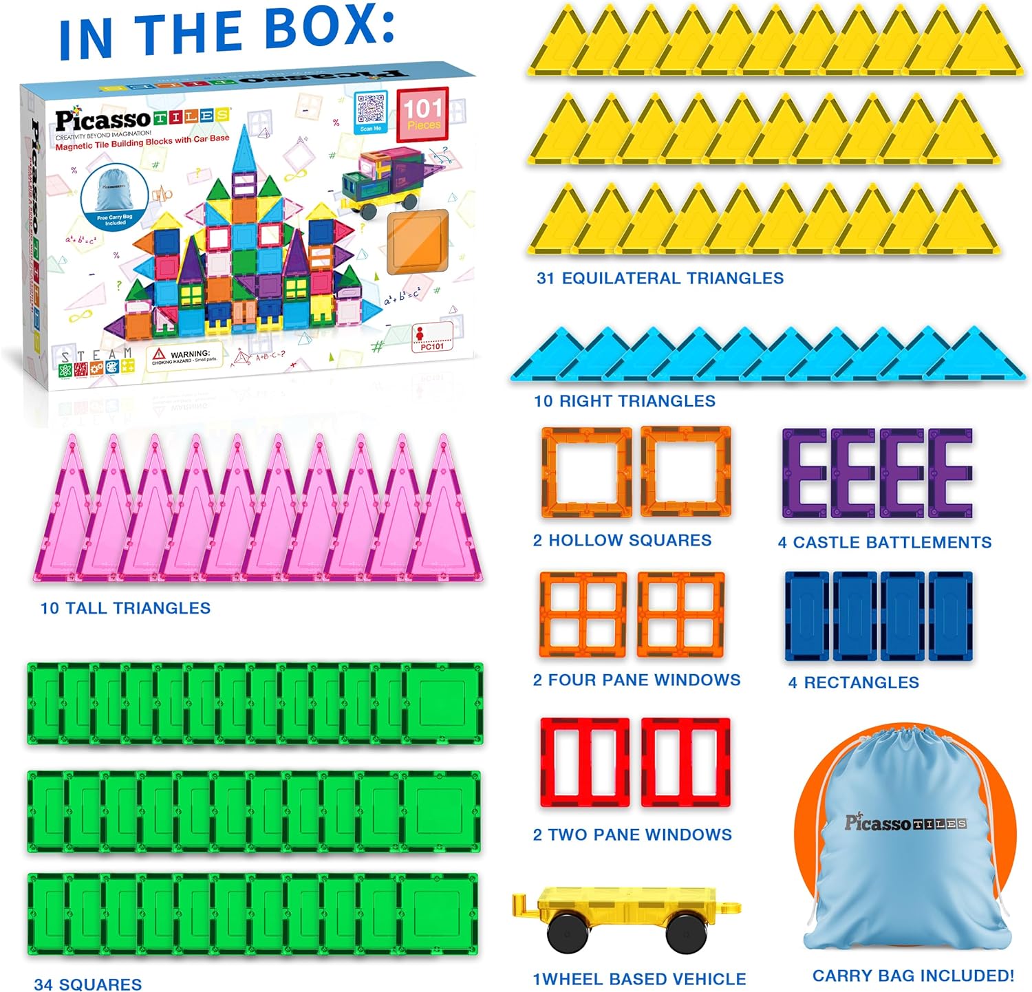 imagePicassoTiles 101pc Magnetic Tile Building Blocks with Car Base Drawstring Carry Toy Storage Bag Magnetized Block for Kids Magnet ToySet Educational STEM Learning Child Brain Development Ages 3 PC101101PC wCarBag