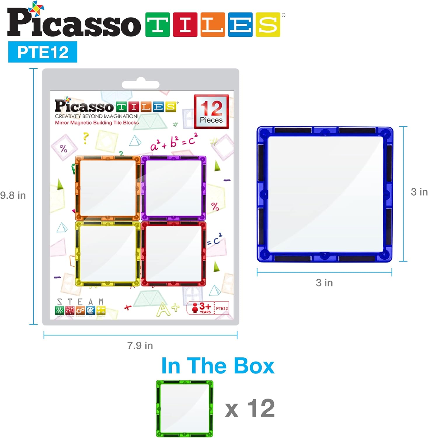 imagePicassoTiles 101pc Magnetic Tile Building Blocks with Car Base Drawstring Carry Toy Storage Bag Magnetized Block for Kids Magnet ToySet Educational STEM Learning Child Brain Development Ages 3 PC101Mirror 12PC