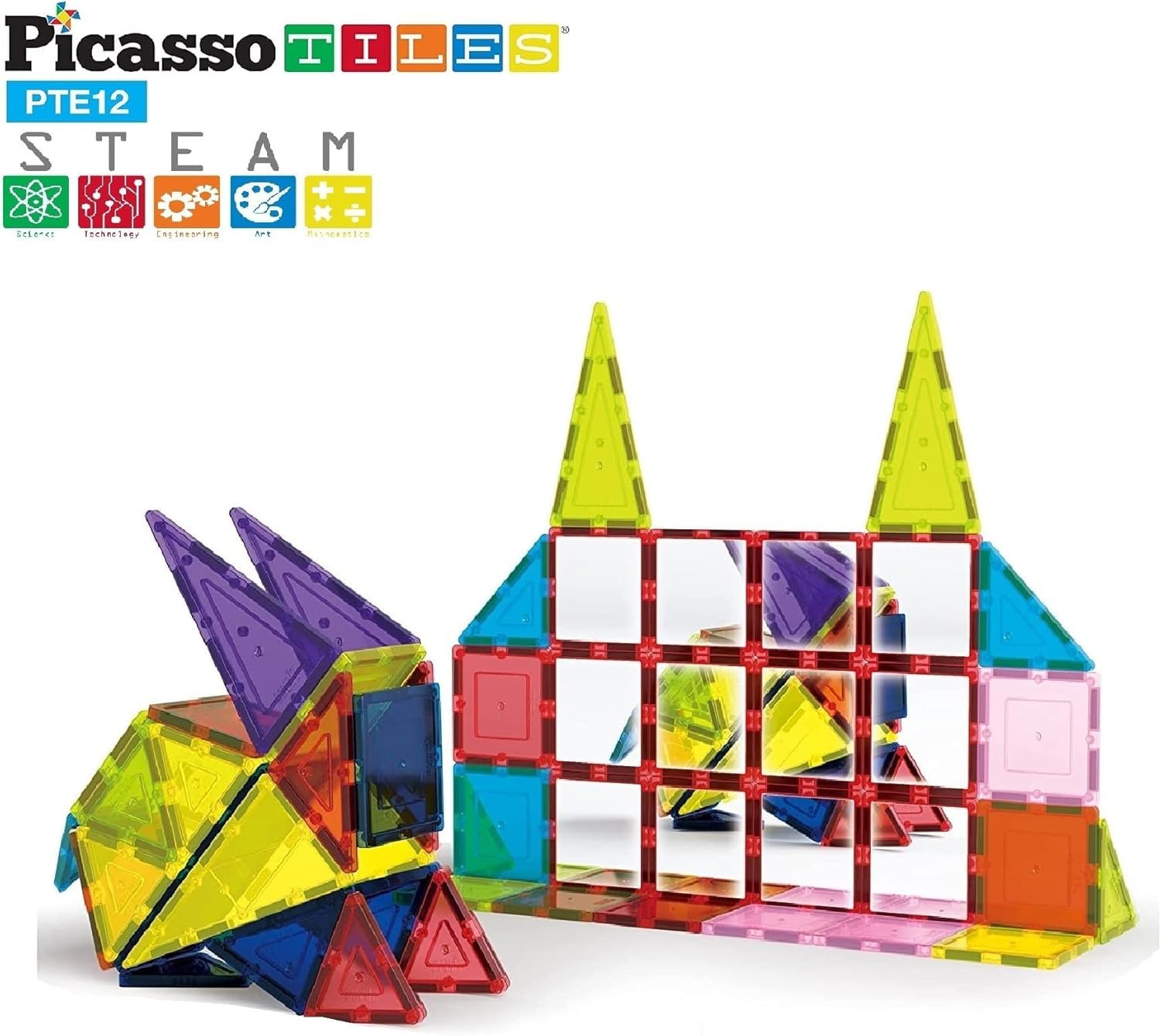 imagePicassoTiles 101pc Magnetic Tile Building Blocks with Car Base Drawstring Carry Toy Storage Bag Magnetized Block for Kids Magnet ToySet Educational STEM Learning Child Brain Development Ages 3 PC101Mirror 12PC