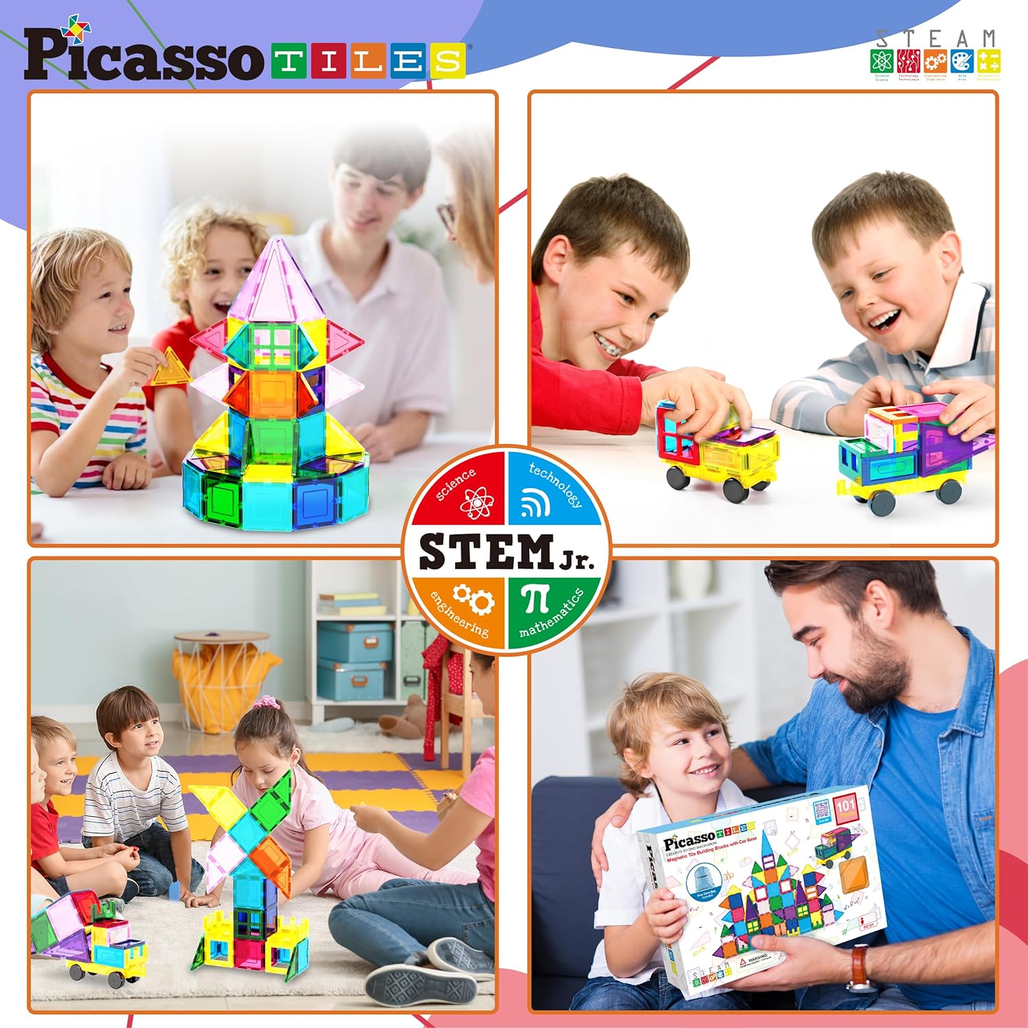 imagePicassoTiles 101pc Magnetic Tile Building Blocks with Car Base Drawstring Carry Toy Storage Bag Magnetized Block for Kids Magnet ToySet Educational STEM Learning Child Brain Development Ages 3 PC101101PC wCarBag