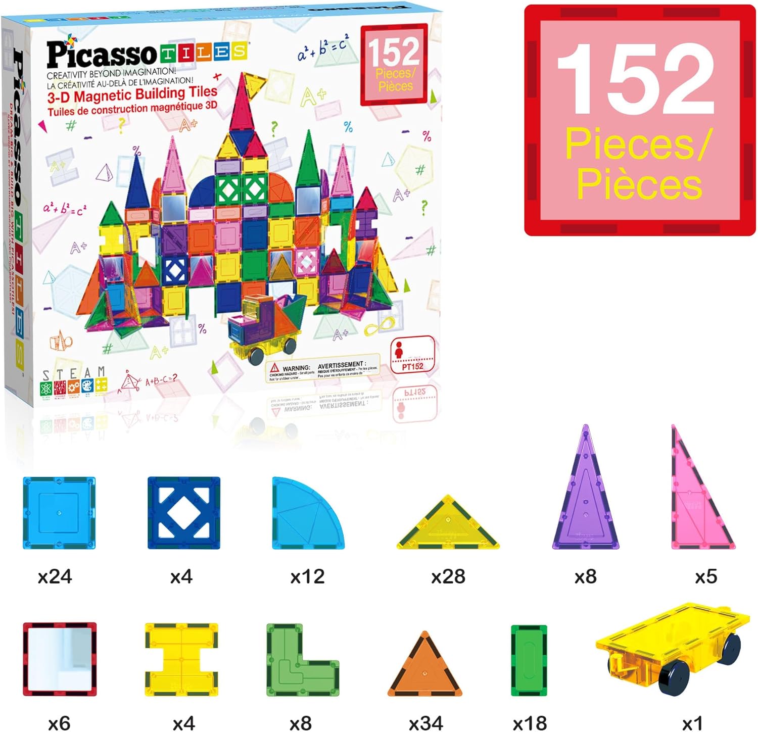 imagePicassoTiles 101pc Magnetic Tile Building Blocks with Car Base Drawstring Carry Toy Storage Bag Magnetized Block for Kids Magnet ToySet Educational STEM Learning Child Brain Development Ages 3 PC101152PC
