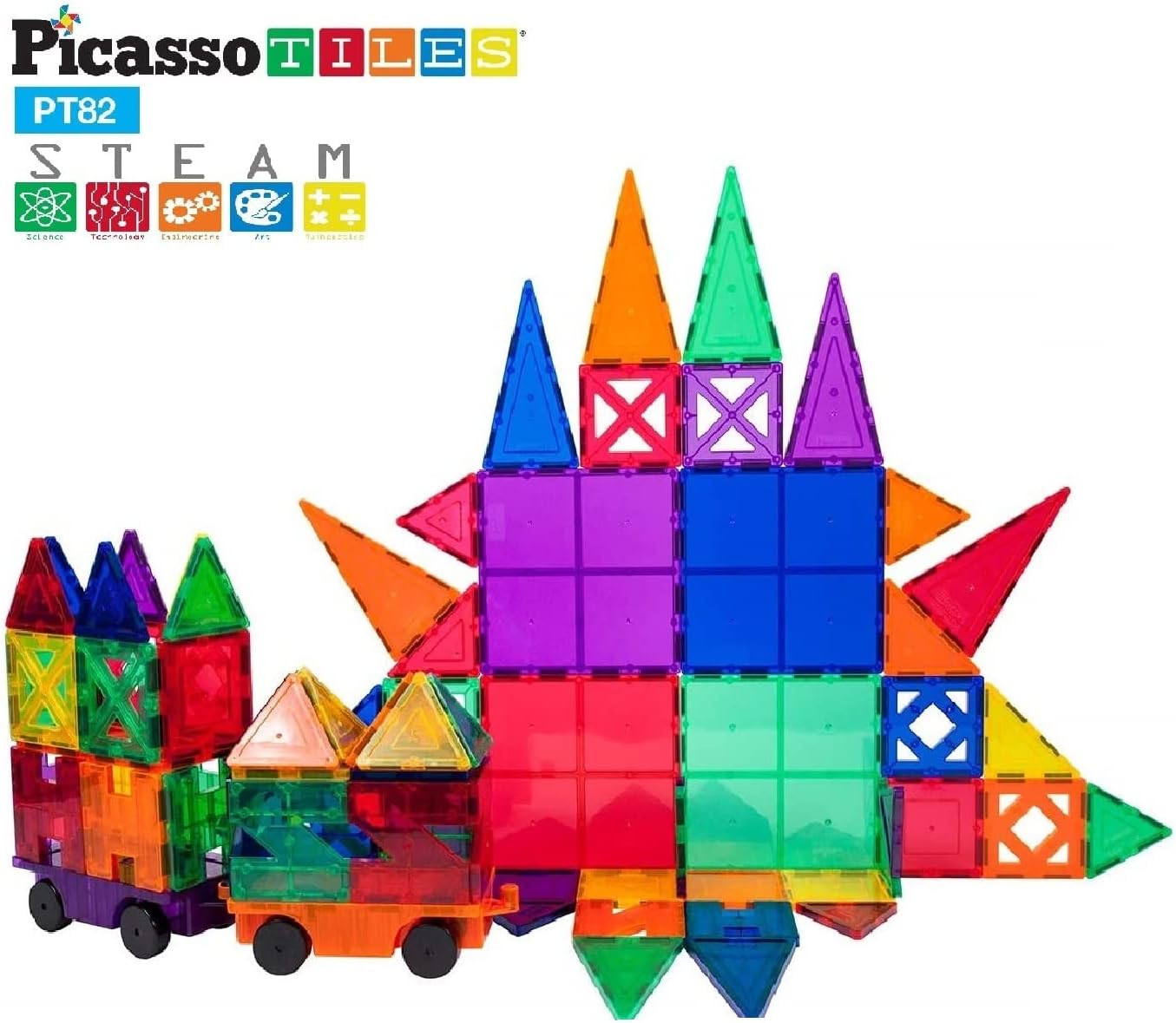 imagePicassoTiles 101pc Magnetic Tile Building Blocks with Car Base Drawstring Carry Toy Storage Bag Magnetized Block for Kids Magnet ToySet Educational STEM Learning Child Brain Development Ages 3 PC10182PC