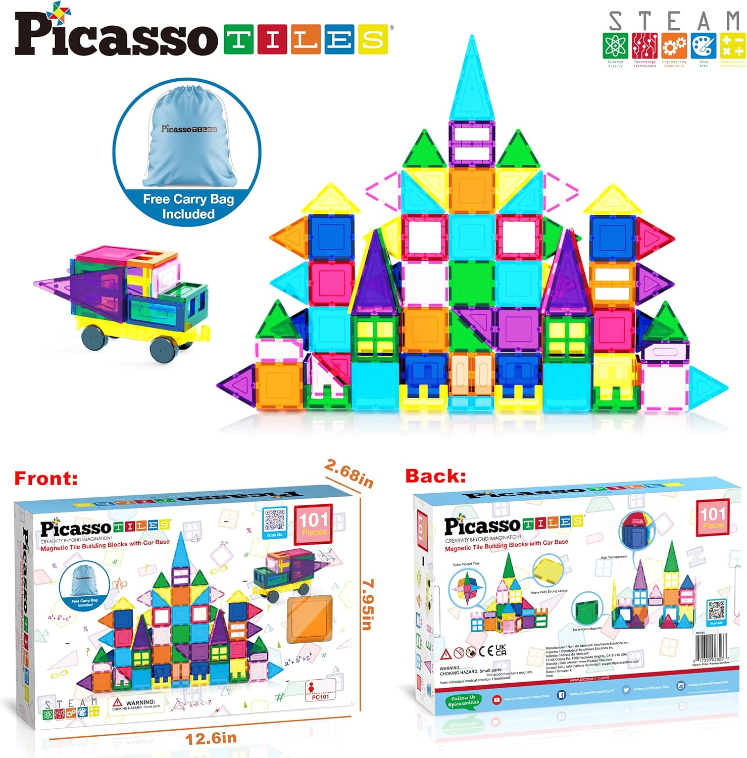 imagePicassoTiles 101pc Magnetic Tile Building Blocks with Car Base Drawstring Carry Toy Storage Bag Magnetized Block for Kids Magnet ToySet Educational STEM Learning Child Brain Development Ages 3 PC101101PC wCarBag