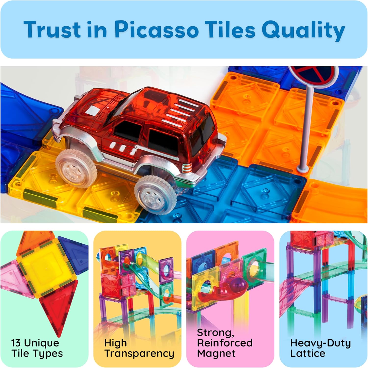 imagePicassoTiles 108pc 3in1 Marble Run Car Race Track Combo Magnetic Tiles PicassoToys Magnet Building Block Educational Construction Toy Playset STEM STEAM Learning Kit Child Brain Development PTG108