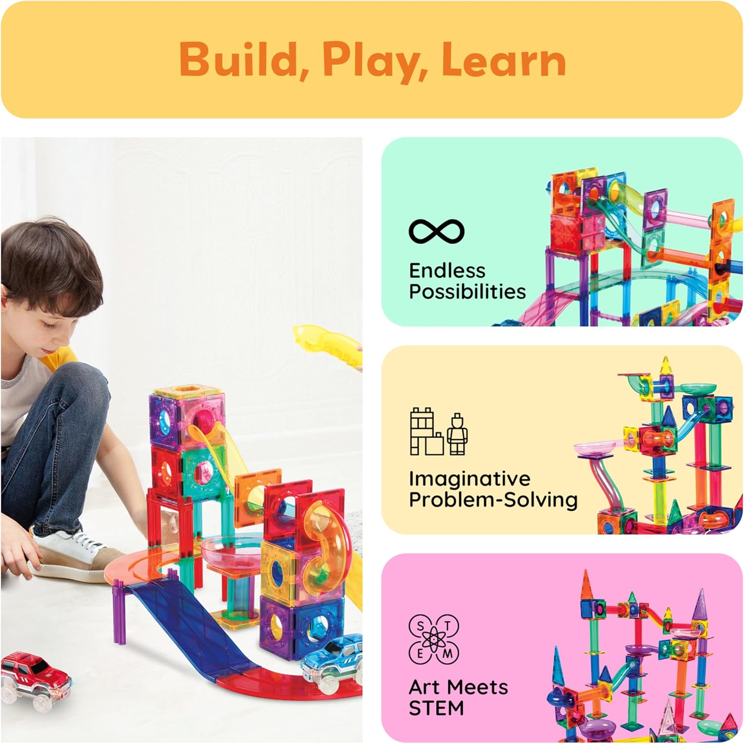 imagePicassoTiles 108pc 3in1 Marble Run Car Race Track Combo Magnetic Tiles PicassoToys Magnet Building Block Educational Construction Toy Playset STEM STEAM Learning Kit Child Brain Development PTG108