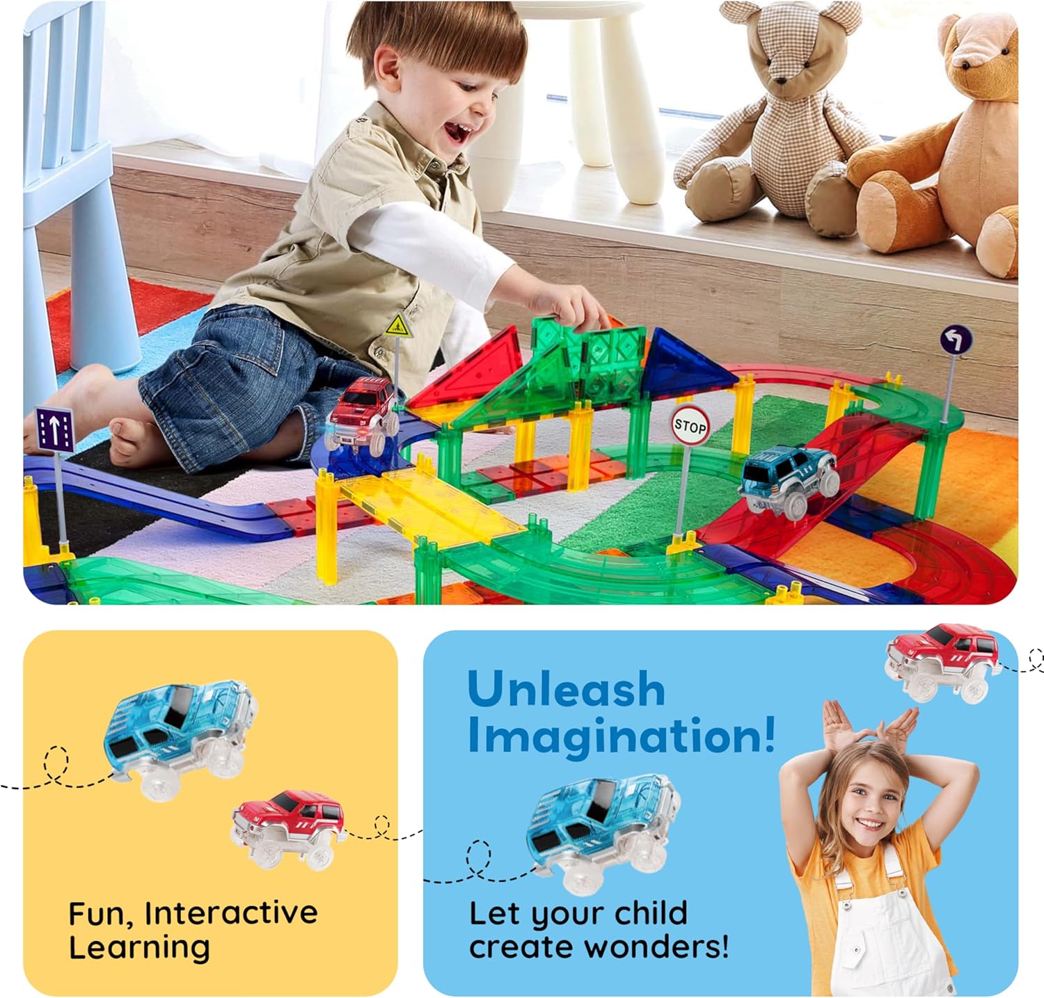 imagePicassoTiles 3 pcs Magnetic Toy Car Set Light Up LED Highly Detailed Compatible with Magnet Race Track STEM Truck Replacement Accessories Educational Building Kits for Toddlers Boys ampamp Girls Ages 3PTR80