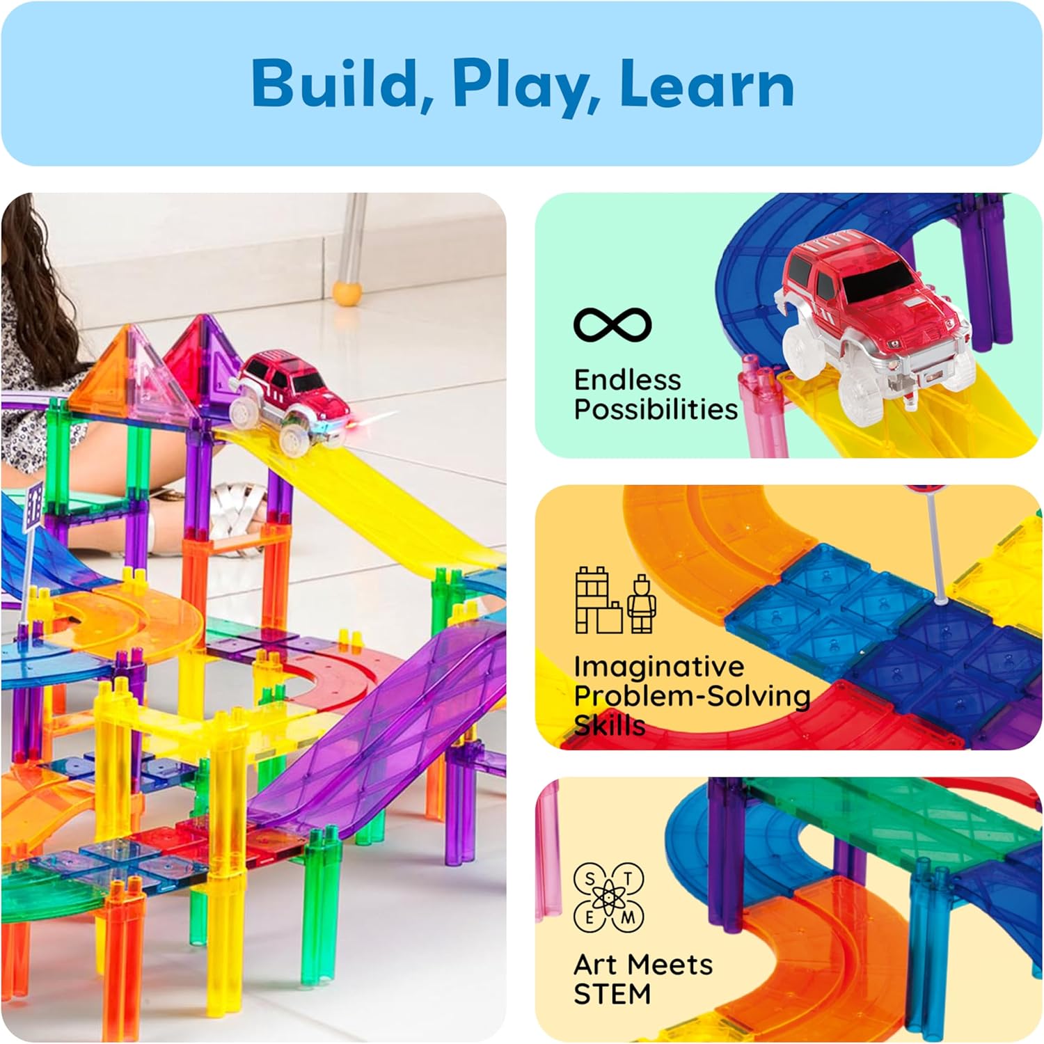 imagePicassoTiles 3 pcs Magnetic Toy Car Set Light Up LED Highly Detailed Compatible with Magnet Race Track STEM Truck Replacement Accessories Educational Building Kits for Toddlers Boys ampamp Girls Ages 3PTR80