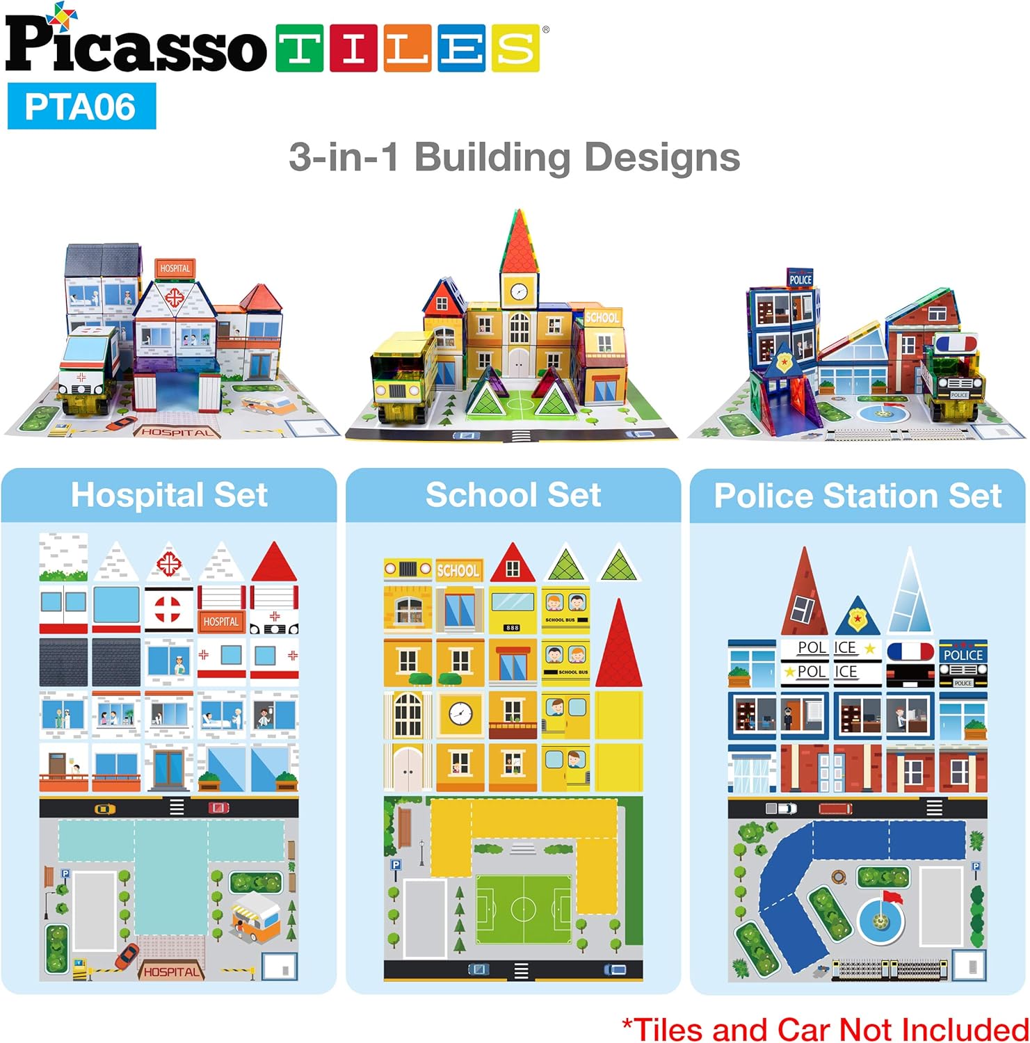 imagePicassoTiles 80pc School Hospital Police Station 3in1 Theme Magnet Self Adhesive Backing StickOn Puzzle Graphic Kit and Overlay Maps for Magnetic Building Blocks STEM Learning Construction Toy