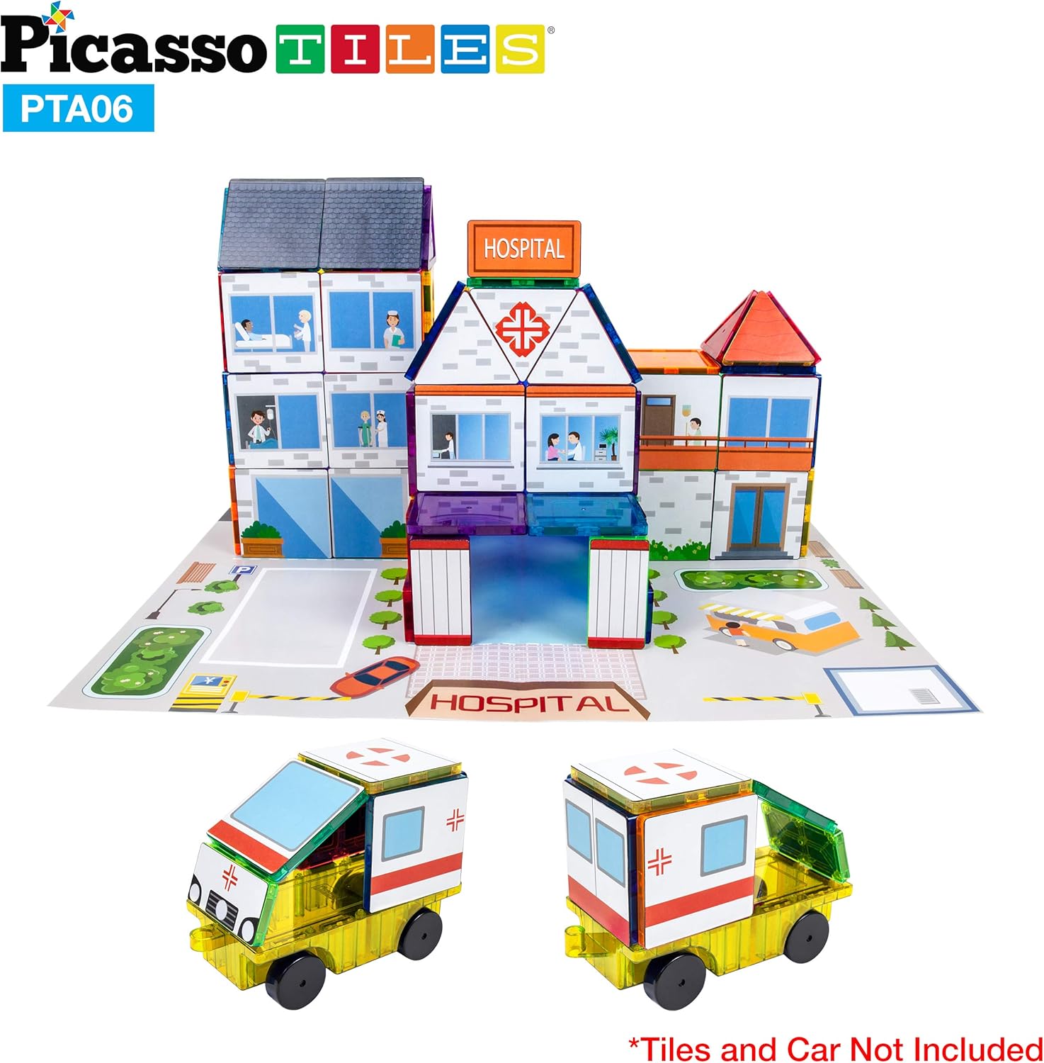 imagePicassoTiles 80pc School Hospital Police Station 3in1 Theme Magnet Self Adhesive Backing StickOn Puzzle Graphic Kit and Overlay Maps for Magnetic Building Blocks STEM Learning Construction Toy