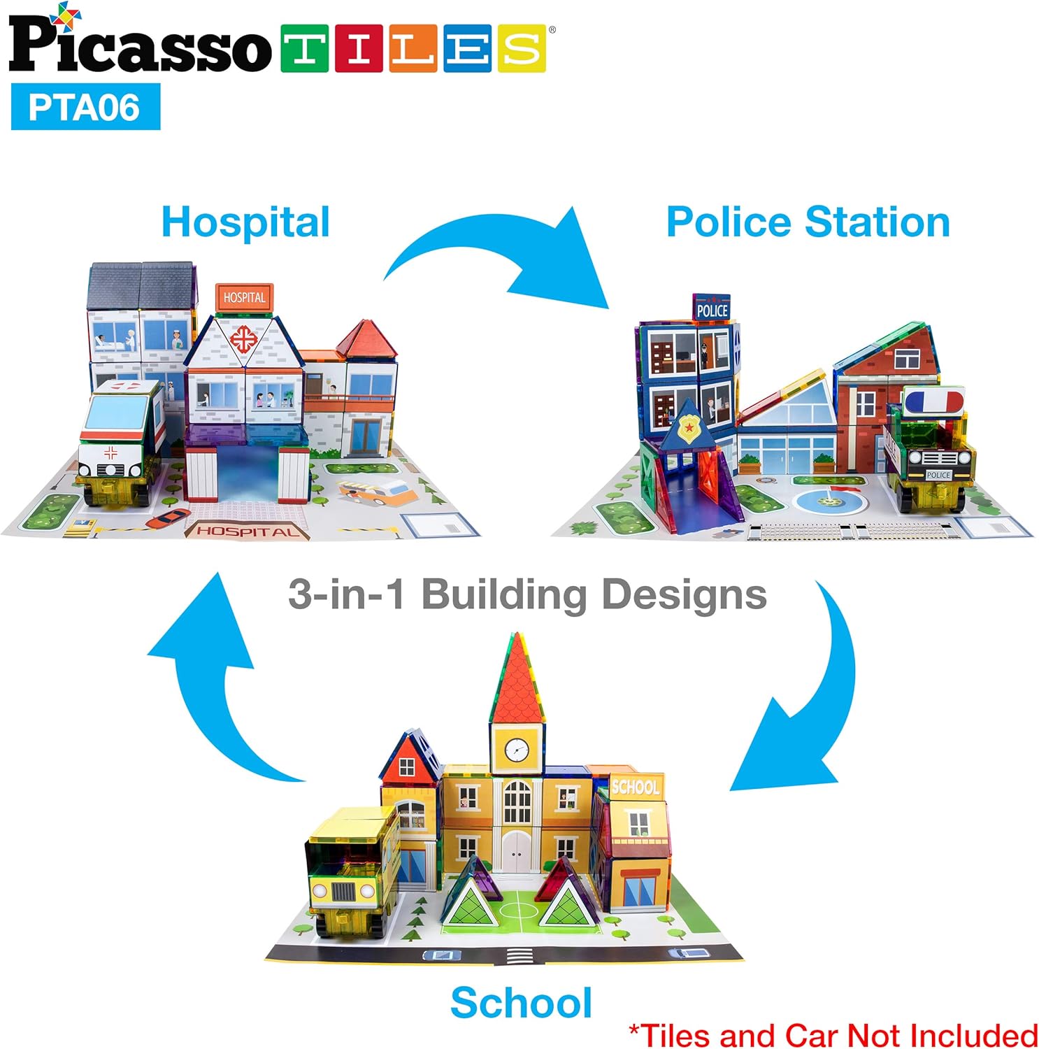imagePicassoTiles 80pc School Hospital Police Station 3in1 Theme Magnet Self Adhesive Backing StickOn Puzzle Graphic Kit and Overlay Maps for Magnetic Building Blocks STEM Learning Construction Toy