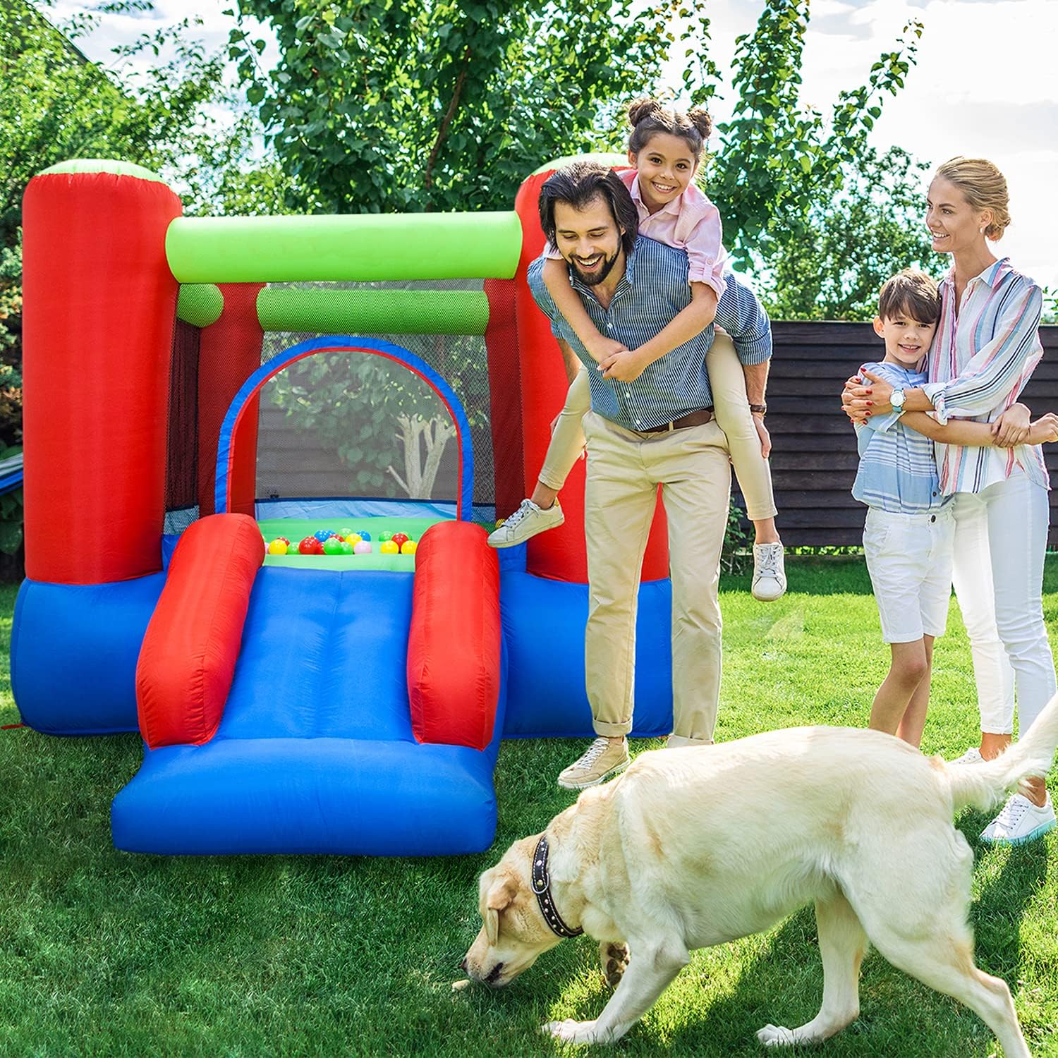 imagePicassoTiles KC106 8x7 Foot Junior Inflatable Bouncer Kid Park Jumping Bouncing House Jump Slide Playhouse w 50 Pit Balls 3 Sides Mesh Protection and HeavyDuty GFCI ETL Certified 385W Blower
