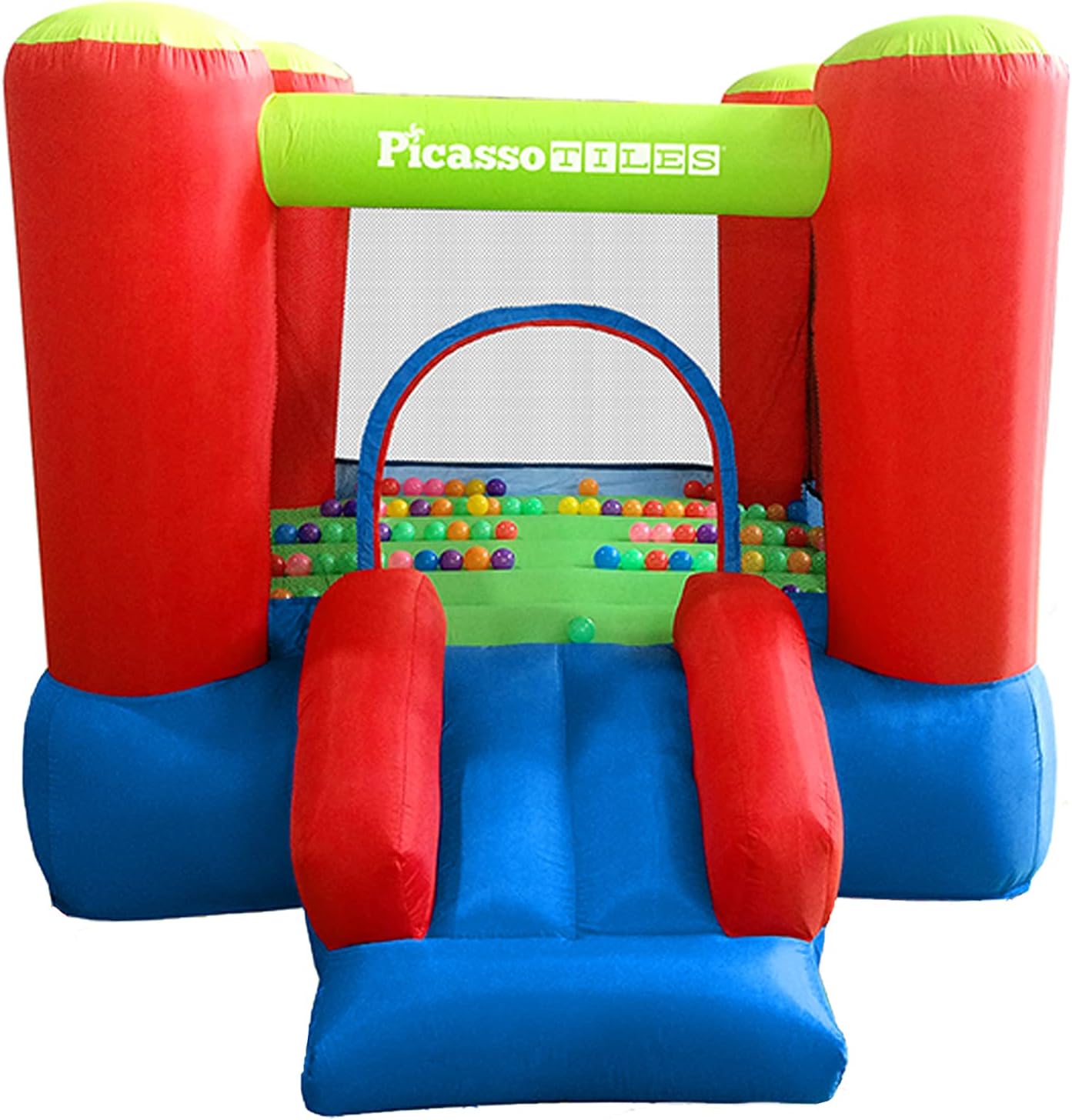 imagePicassoTiles KC106 8x7 Foot Junior Inflatable Bouncer Kid Park Jumping Bouncing House Jump Slide Playhouse w 50 Pit Balls 3 Sides Mesh Protection and HeavyDuty GFCI ETL Certified 385W Blower