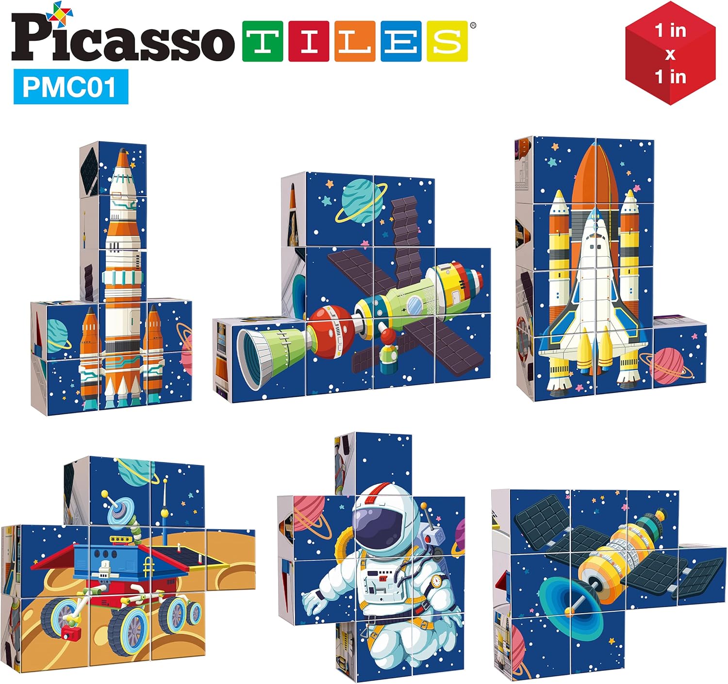 imagePicassoTiles Kids Magnetic Puzzle Cube 3D Unique Space Exploration Blocks 63pc Mix ampamp Match Cubes Sensory Toys STEAM Learning Building Block Children Construction Toy Set Stacking Magnet Creative Kit