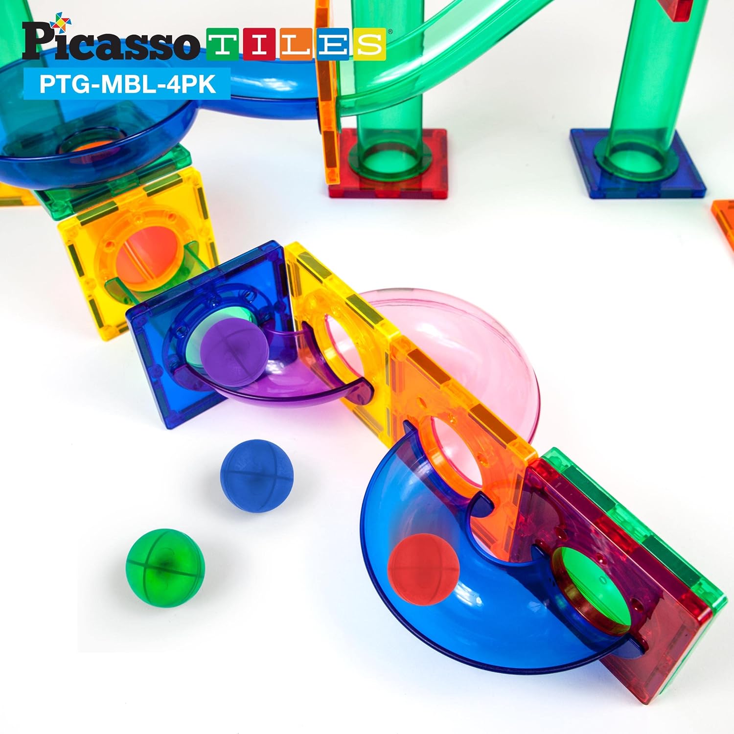imagePicassoTiles Magnet Marble Run Tiles Pete The Cat Themed Character Marbles for Magnetic Building Block Construction Tile Maze Structures STEM Learning Pretend Play Fun Toys Girls Boys Ages 3 PTG02PTGMBL4PK