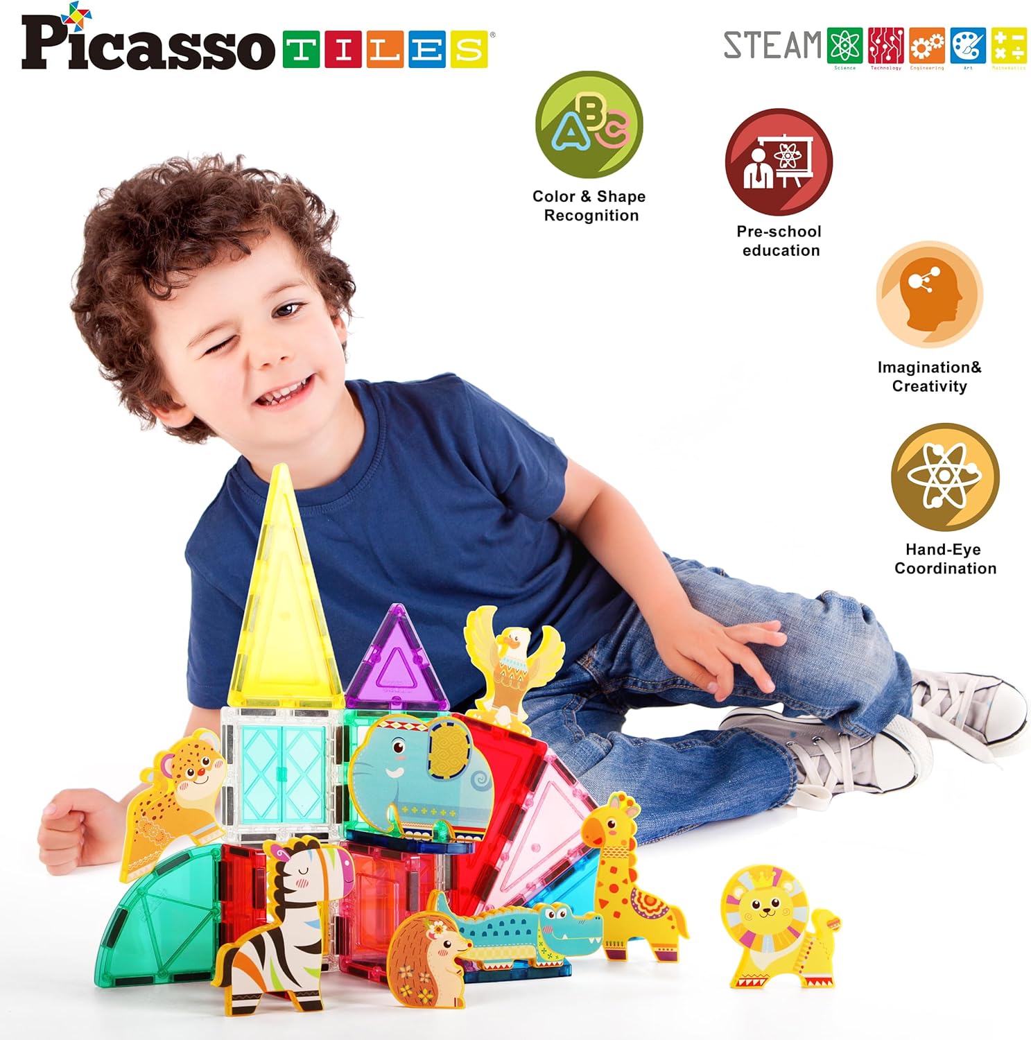 imagePicassoTiles Magnet Tile Animal Friends Action Figure Playset Mix or Match Figurine Wildlife Character Toy STEM Learning Construction Building Magnetic Tiles Educational Pretend Play Kit Ages 3 PTA29Safari