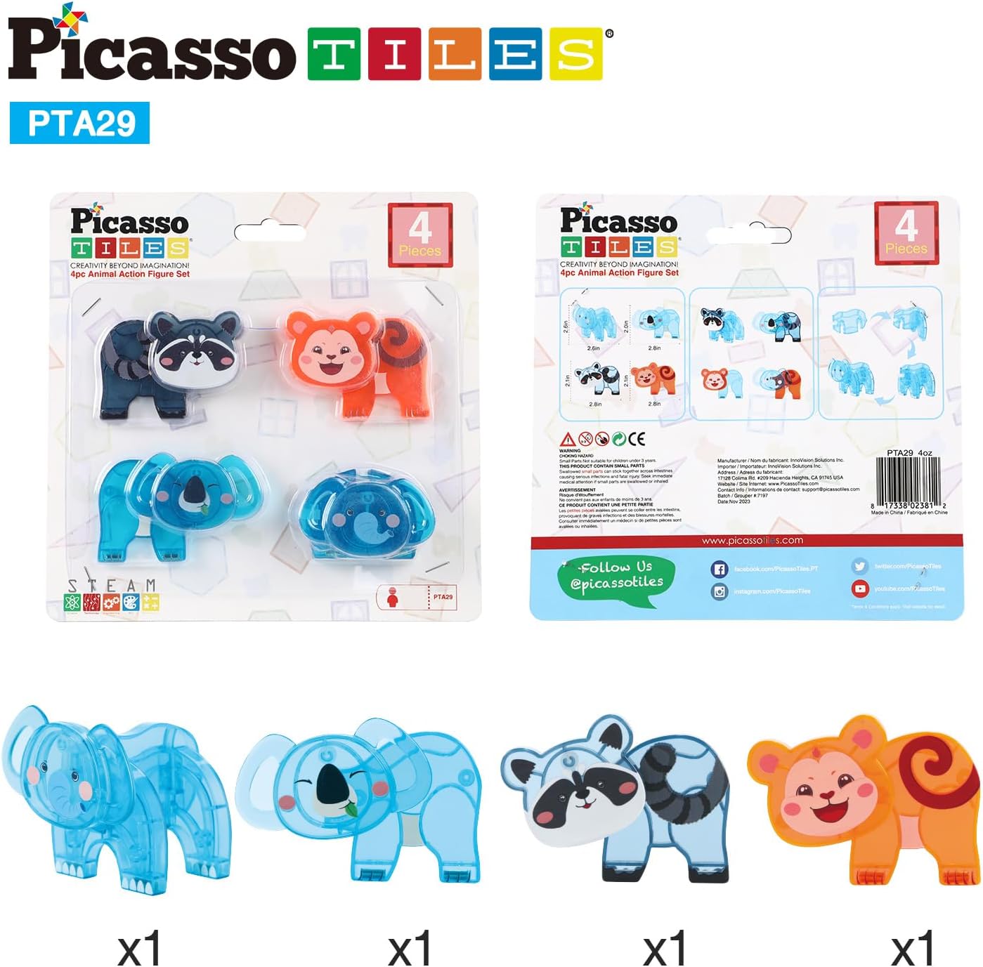 imagePicassoTiles Magnet Tile Animal Friends Action Figure Playset Mix or Match Figurine Wildlife Character Toy STEM Learning Construction Building Magnetic Tiles Educational Pretend Play Kit Ages 3 PTA29MixMatch4