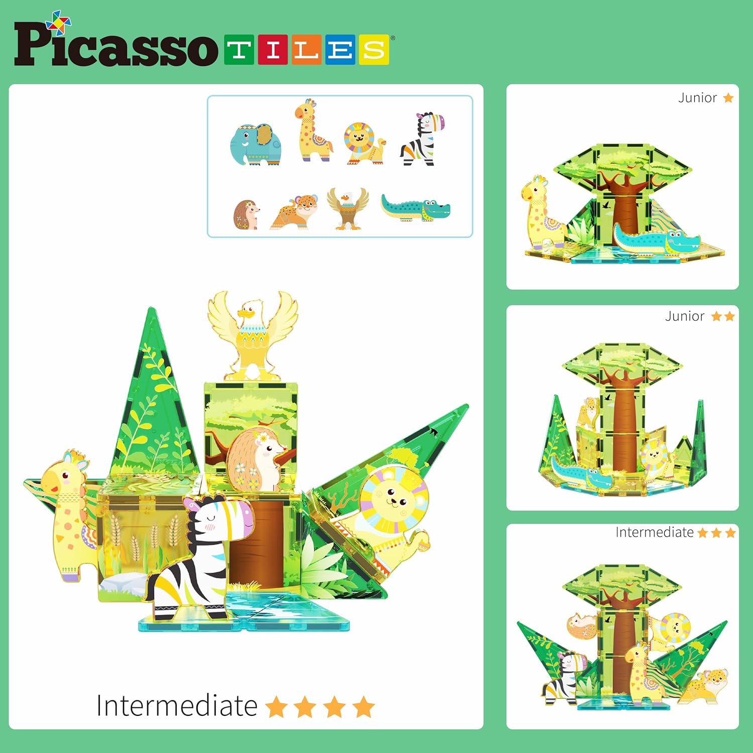 imagePicassoTiles Magnet Tile Building Blocks Safari Themed Playset with 8 Animal Character Action Figures Magnetic Tiles STEM Learning Imaginative Play Toy Construction Set Preschool Toddler Ages 3 PTQ22