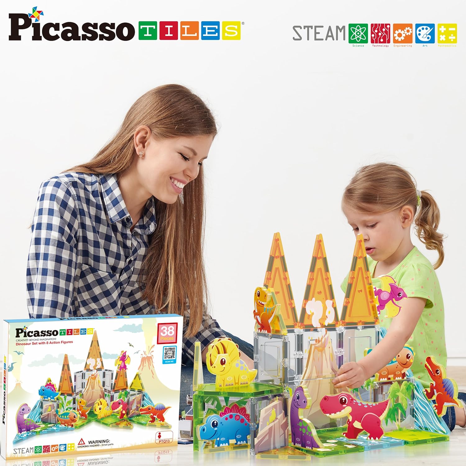 imagePicassoTiles Magnet Tiles Magnetic Building Blocks Aquarium Marine Animal Theme Set with 8 Character Action Figures Shark Crab Turtle STEM Toys Construction Preschool Toddlers Kids Boys Girls 3 PTQ15Dinosaur Theme