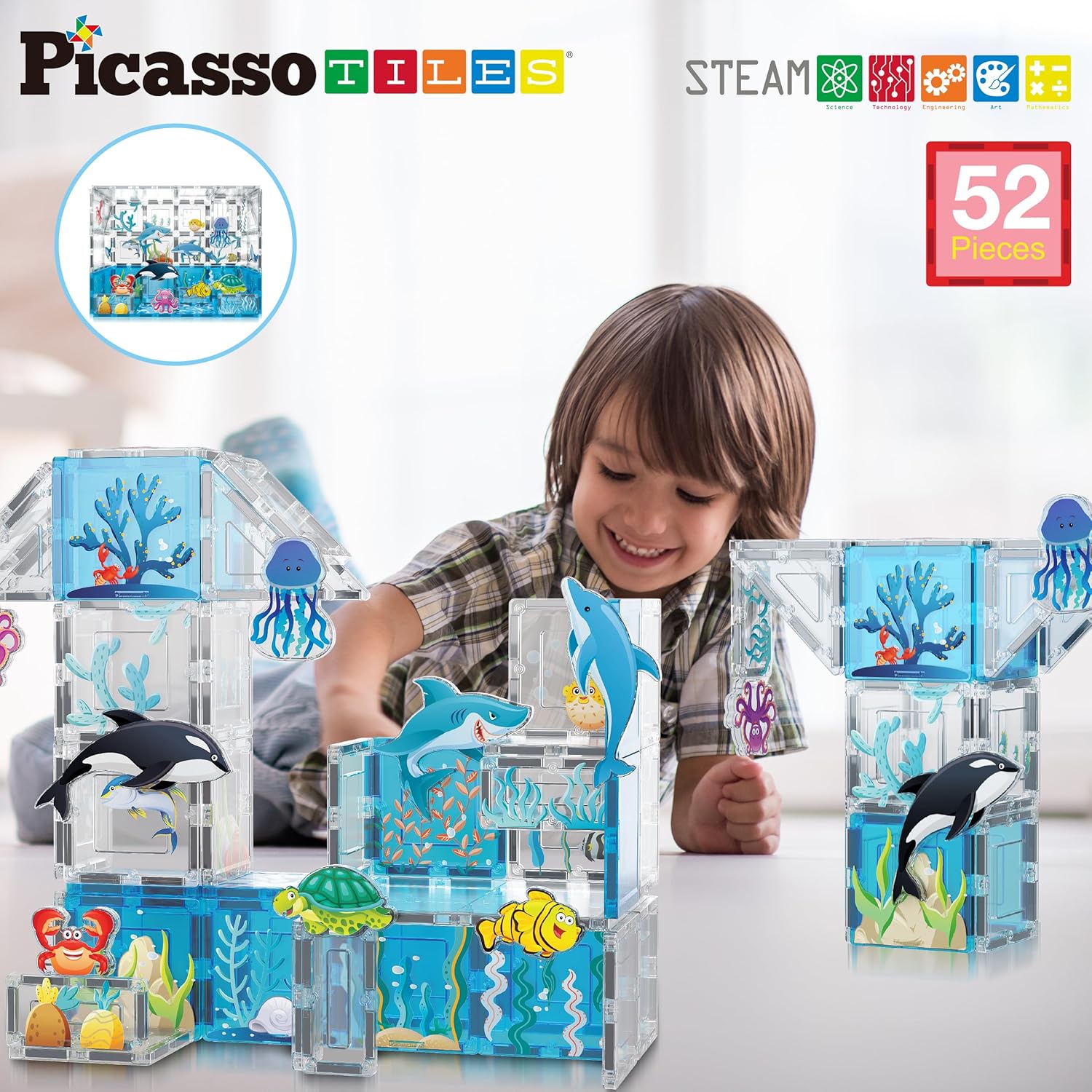 imagePicassoTiles Magnet Tiles Magnetic Building Blocks Aquarium Marine Animal Theme Set with 8 Character Action Figures Shark Crab Turtle STEM Toys Construction Preschool Toddlers Kids Boys Girls 3 PTQ15Marine Theme