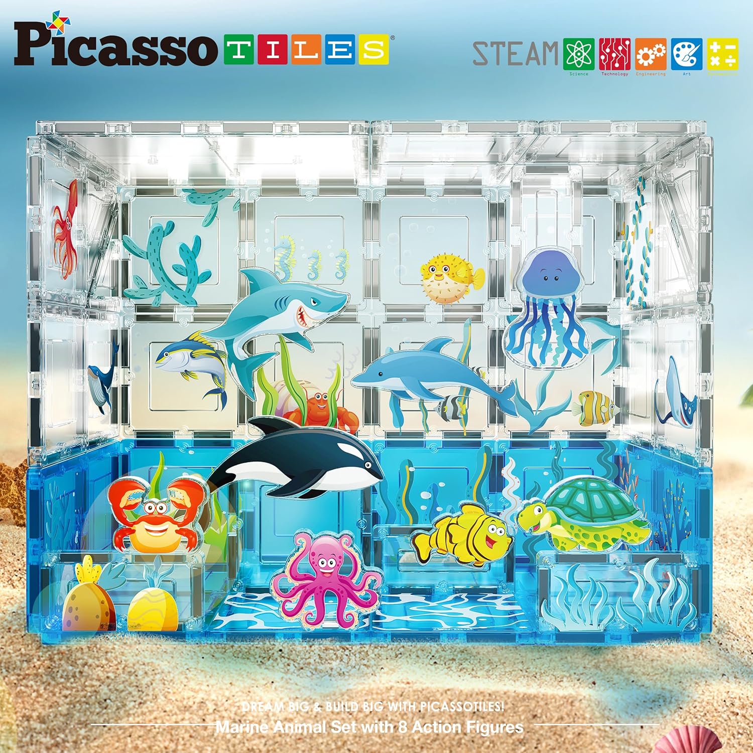 imagePicassoTiles Magnet Tiles Magnetic Building Blocks Aquarium Marine Animal Theme Set with 8 Character Action Figures Shark Crab Turtle STEM Toys Construction Preschool Toddlers Kids Boys Girls 3 PTQ15Marine Theme