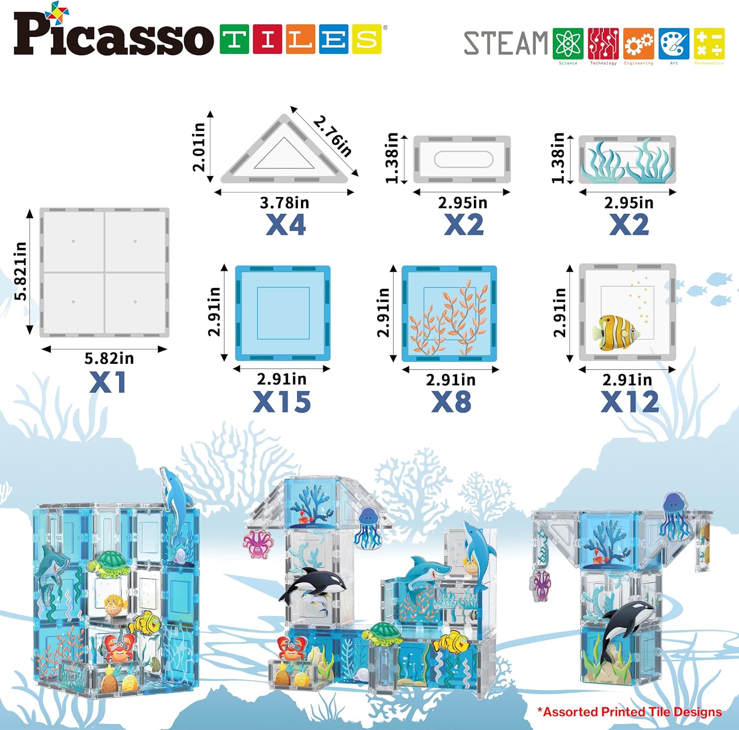 imagePicassoTiles Magnet Tiles Magnetic Building Blocks Aquarium Marine Animal Theme Set with 8 Character Action Figures Shark Crab Turtle STEM Toys Construction Preschool Toddlers Kids Boys Girls 3 PTQ15Marine Theme