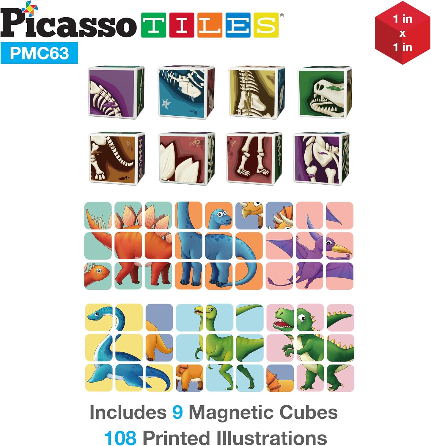 imagePicassoTiles Magnetic Puzzle Cube 3D Magic Dinosaur XRay Blocks 63 Piece Mix ampamp Match Cubes Sensory Toys STEAM Learning Building Block Children Construction Toy Set Stacking Magnet Creative Kit PMC63