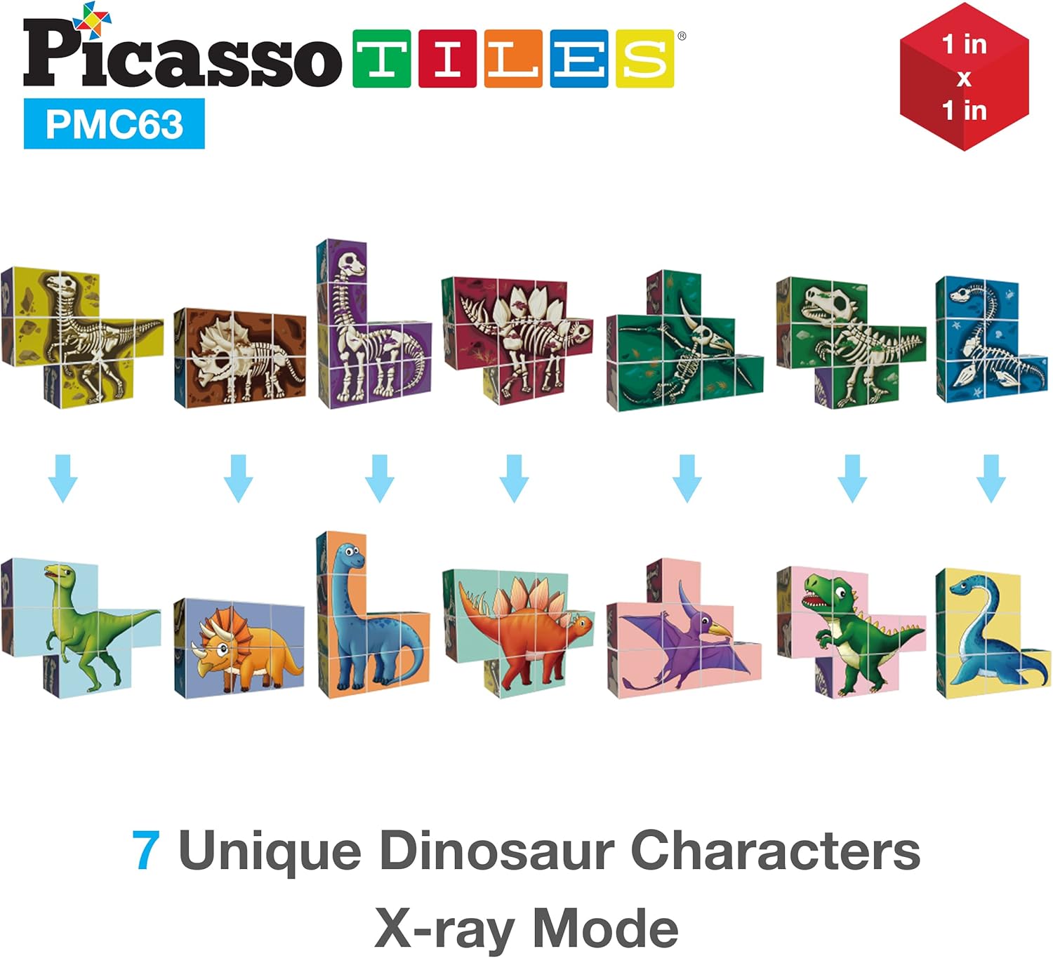 imagePicassoTiles Magnetic Puzzle Cube 3D Magic Dinosaur XRay Blocks 63 Piece Mix ampamp Match Cubes Sensory Toys STEAM Learning Building Block Children Construction Toy Set Stacking Magnet Creative Kit PMC63