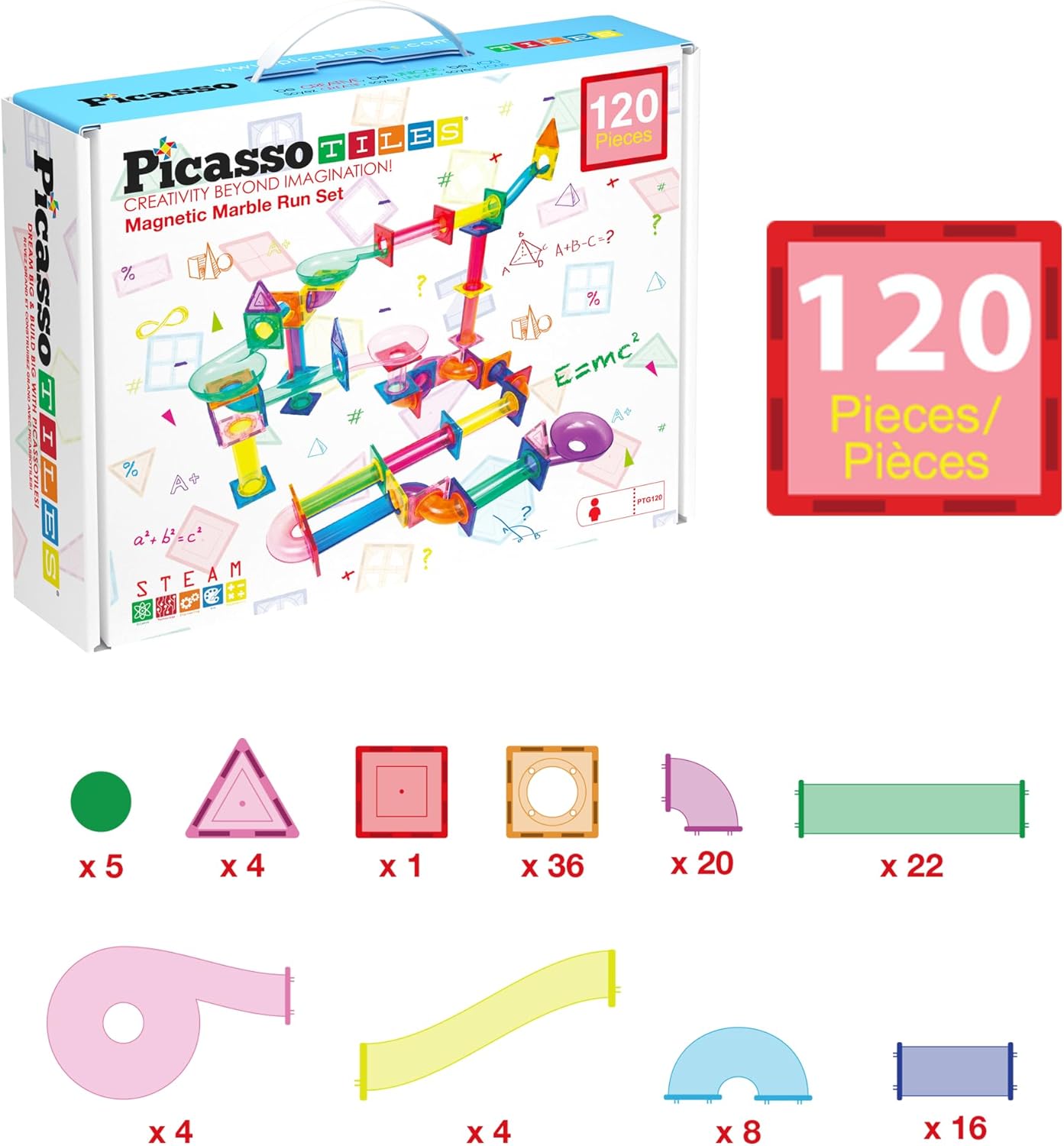 imagePicassoTiles Marble Run 100 Piece Magnetic Tile Race Track Toy Play Set STEM Building ampamp Learning Educational Magnet Construction Child Brain Development Kit Boys Girls Age 3 4 5 6 7 8 Years Old ToysPTG120