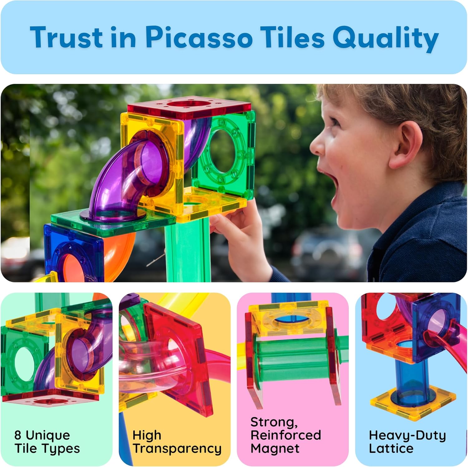 imagePicassoTiles Marble Run 100 Piece Magnetic Tile Race Track Toy Play Set STEM Building ampamp Learning Educational Magnet Construction Child Brain Development Kit Boys Girls Age 3 4 5 6 7 8 Years Old ToysPTG50