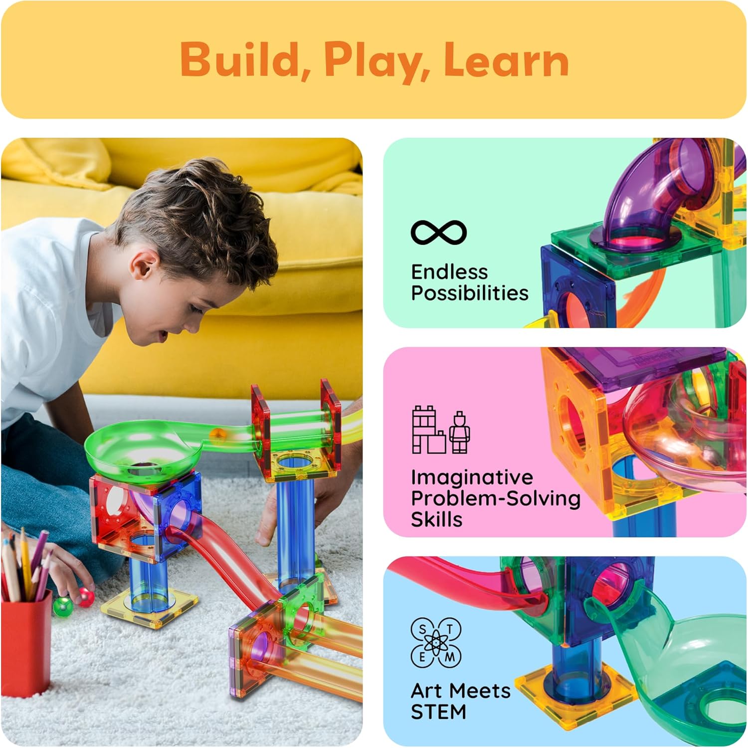 imagePicassoTiles Marble Run 100 Piece Magnetic Tile Race Track Toy Play Set STEM Building ampamp Learning Educational Magnet Construction Child Brain Development Kit Boys Girls Age 3 4 5 6 7 8 Years Old ToysPTG50